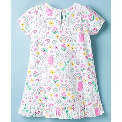 Babyhug Cotton Knit Half Sleeves Nighty With Animal & Floral Print - White