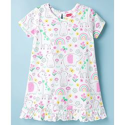 Babyhug Cotton Knit Half Sleeves Nighty With Animal & Floral Print - White