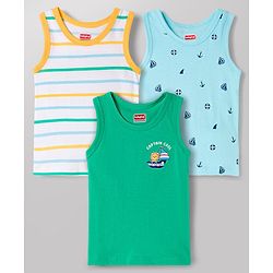 Babyhug 100% Antibacterial Cotton Knit Sleeveless Striped & Nautical Theme Printed Vests Pack of 3 - Blue White & Green