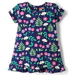 Babyhug Cotton Knit Half Sleeves Nighty with Floral Print - Navy Blue