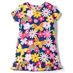 Babyhug Cotton Knit Half Sleeves Nighty with Floral Print - Multicolor