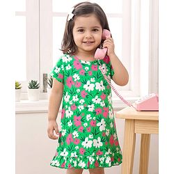 Babyhug Cotton Knit Half Sleeves Floral Printed A Line Nighty - Green