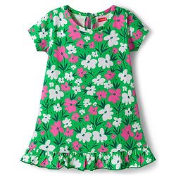 Babyhug Cotton Knit Half Sleeves Floral Printed A Line Nighty - Green