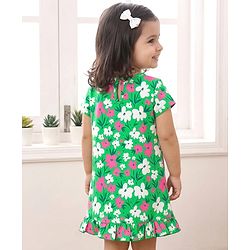 Babyhug Cotton Knit Half Sleeves Floral Printed A Line Nighty - Green