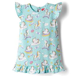 Babyhug Cotton Knit Frill Sleeves Nighty with Unicorn Print - Sky Blue