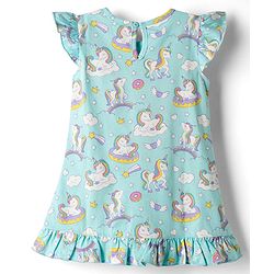 Babyhug Cotton Knit Frill Sleeves Nighty with Unicorn Print - Sky Blue
