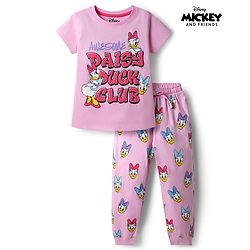 Babyhug Disney Single Jersey Knit Half Sleeves T-Shirt & Pyjama Night Suit with Daisy Duck Graphics - Pink