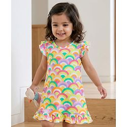 Babyhug Cotton Knit Frill Sleeves Nighty with Rainbow Print - Yellow