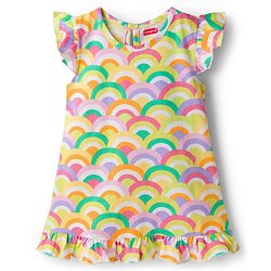 Babyhug Cotton Knit Frill Sleeves Nighty with Rainbow Print - Yellow