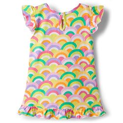 Babyhug Cotton Knit Frill Sleeves Nighty with Rainbow Print - Yellow