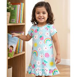 Babyhug Cotton Knit Half Sleeves Nighty With Floral Fruit & Rainbow Print - Light Blue