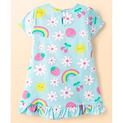 Babyhug Cotton Knit Half Sleeves Nighty With Floral Fruit & Rainbow Print - Light Blue