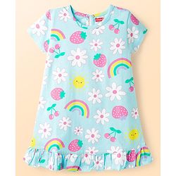 Babyhug Cotton Knit Half Sleeves Nighty With Floral Fruit & Rainbow Print - Light Blue