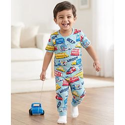 Babyhug Cotton Knit Half Sleeves T-Shirt & Pyjama Co-ord Night Suit With Vehicle Print - Light Blue