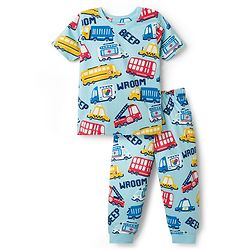 Babyhug Cotton Knit Half Sleeves T-Shirt & Pyjama Co-ord Night Suit With Vehicle Print - Light Blue