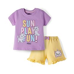 Babyhug Disney Single Jersey Knit Half Sleeves T-Shirt & Shorts Set with Marie Graphic - Multicolor