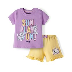 Babyhug Disney Single Jersey Knit Half Sleeves T-Shirt & Shorts Set with Marie Graphic - Multicolor