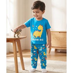 Babyhug Cotton Knit Half Sleeves T-Shirt & Pyjama Night Suit With Dino Print - Blue