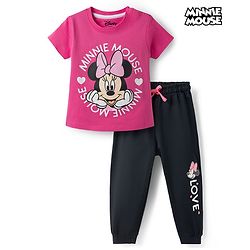 Babyhug Disney 100% Cotton Knit Half Sleeves T-Shirt & Joggers Set With Minnie Mouse Graphic - Multicolor
