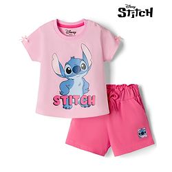 Babyhug Disney Single Jersey Knit Half Sleeves T-Shirt & Shorts Set With Lilo & Stitch Graphics - Multicolor