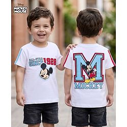 Babyhug Disney 100% Cotton Knit Half Sleeve T-Shirt With Front & Back Mickey Mouse Graphic -white