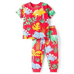 Babyhug Cotton Knit Half Sleeves T-Shirt & Pyjama Co-ord Night Suit With Dino Print - Red