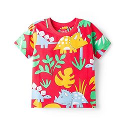 Babyhug Cotton Knit Half Sleeves T-Shirt & Pyjama Co-ord Night Suit With Dino Print - Red