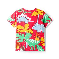 Babyhug Cotton Knit Half Sleeves T-Shirt & Pyjama Co-ord Night Suit With Dino Print - Red