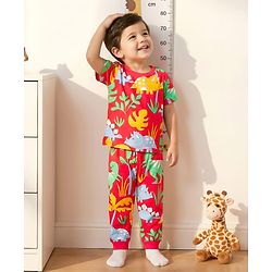 Babyhug Cotton Knit Half Sleeves T-Shirt & Pyjama Co-ord Night Suit With Dino Print - Red