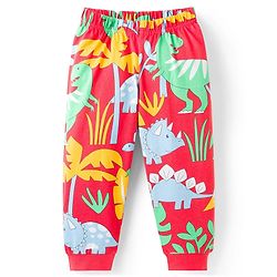Babyhug Cotton Knit Half Sleeves T-Shirt & Pyjama Co-ord Night Suit With Dino Print - Red