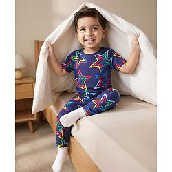Babyhug Cotton Knit Half Sleeves T-Shirt & Pyjama Co-ord Night Suit With Star Print - Navy Blue