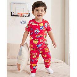 Babyhug Cotton Knit Half Sleeves T-Shirt & Pyjama Co-ord Night Suit With Text Print - Red
