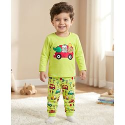 Babyhug Cotton Knit Full Sleeves T-Shirt & Pyjama Night Suit With Animal & Car Print - Green