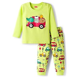 Babyhug Cotton Knit Full Sleeves T-Shirt & Pyjama Night Suit With Animal & Car Print - Green