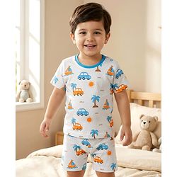 Babyhug Cotton Knit Half Sleeves T-Shirt & Shorts Co-ord Night Suit With Beach Theme Print - White