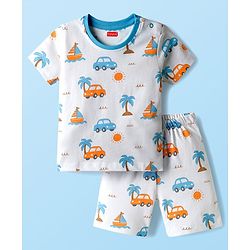 Babyhug Cotton Knit Half Sleeves T-Shirt & Shorts Co-ord Night Suit With Beach Theme Print - White