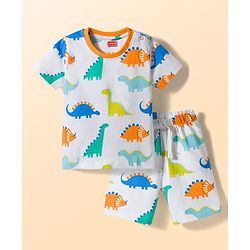 Babyhug Cotton Knit Half Sleeves Vehicles Printed Co-Ords T-Shirt & Shorts Night Suit - White