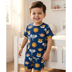 Babyhug Cotton Knit Half Sleeves Animal Printed Co-Ords T-Shirt & Shorts Night Suit - Navy Blue