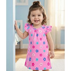 Babyhug Cotton Knit Half Sleeves Nighty With Floral Print - Pink