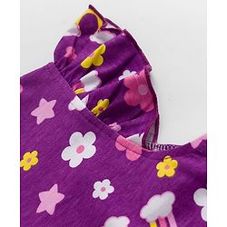 Babyhug Cotton Knit Half Sleeves Nighty With Floral & Rainbow Print - Purple