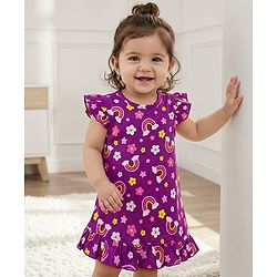 Babyhug Cotton Knit Half Sleeves Nighty With Floral & Rainbow Print - Purple