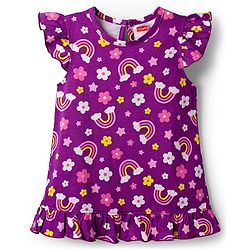 Babyhug Cotton Knit Half Sleeves Nighty With Floral & Rainbow Print - Purple