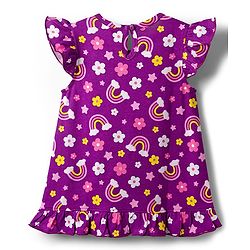 Babyhug Cotton Knit Half Sleeves Nighty With Floral & Rainbow Print - Purple