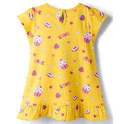 Babyhug Cotton Knit Half Sleeves Nighty With Heart & Cupcake Print - Yellow