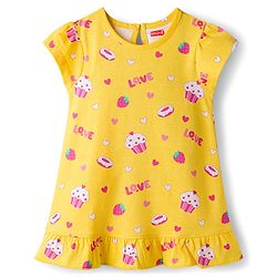 Babyhug Cotton Knit Half Sleeves Nighty With Heart & Cupcake Print - Yellow