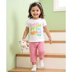 Babyhug Cotton Knit Half Sleeves T-Shirt & Capri Night Suit With Text & Polka Dot Print - White & Pink