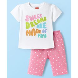Babyhug Cotton Knit Half Sleeves T-Shirt & Capri Night Suit With Text & Polka Dot Print - White & Pink