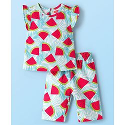 Babyhug Cotton Knit Half Sleeves T-Shirt & Capri Co-ord Night Suit With Watermelon Print - Light Blue