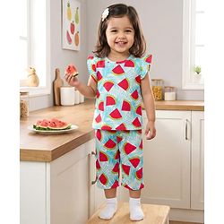 Babyhug Cotton Knit Half Sleeves T-Shirt & Capri Co-ord Night Suit With Watermelon Print - Light Blue
