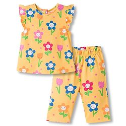 Babyhug Cotton Knit Half Sleeves T-Shirt & Capri Co-ord Night Suit With Floral Print - Yellow